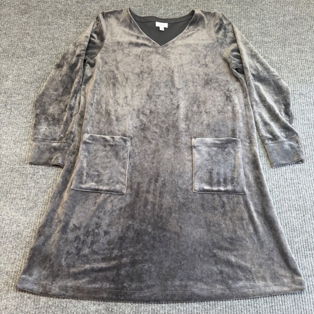 J Jill Gray Velour‎ Tunic Dress Women's Large Shift V Neck Pockets Cozy Wear